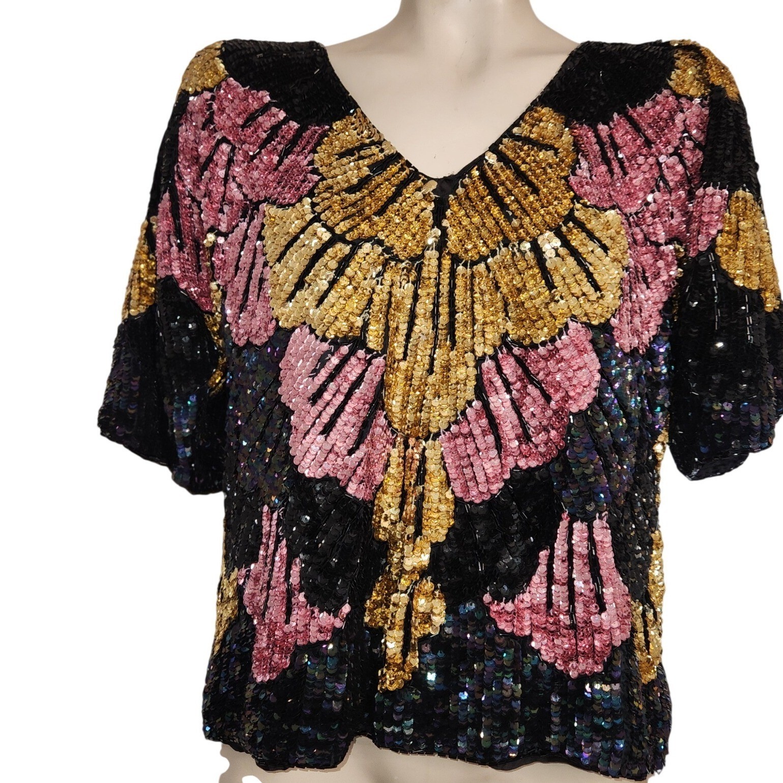 Vintage 1980s Heavily Sequined Butterfly Art Deco Glamour Top Black Gold Pink M