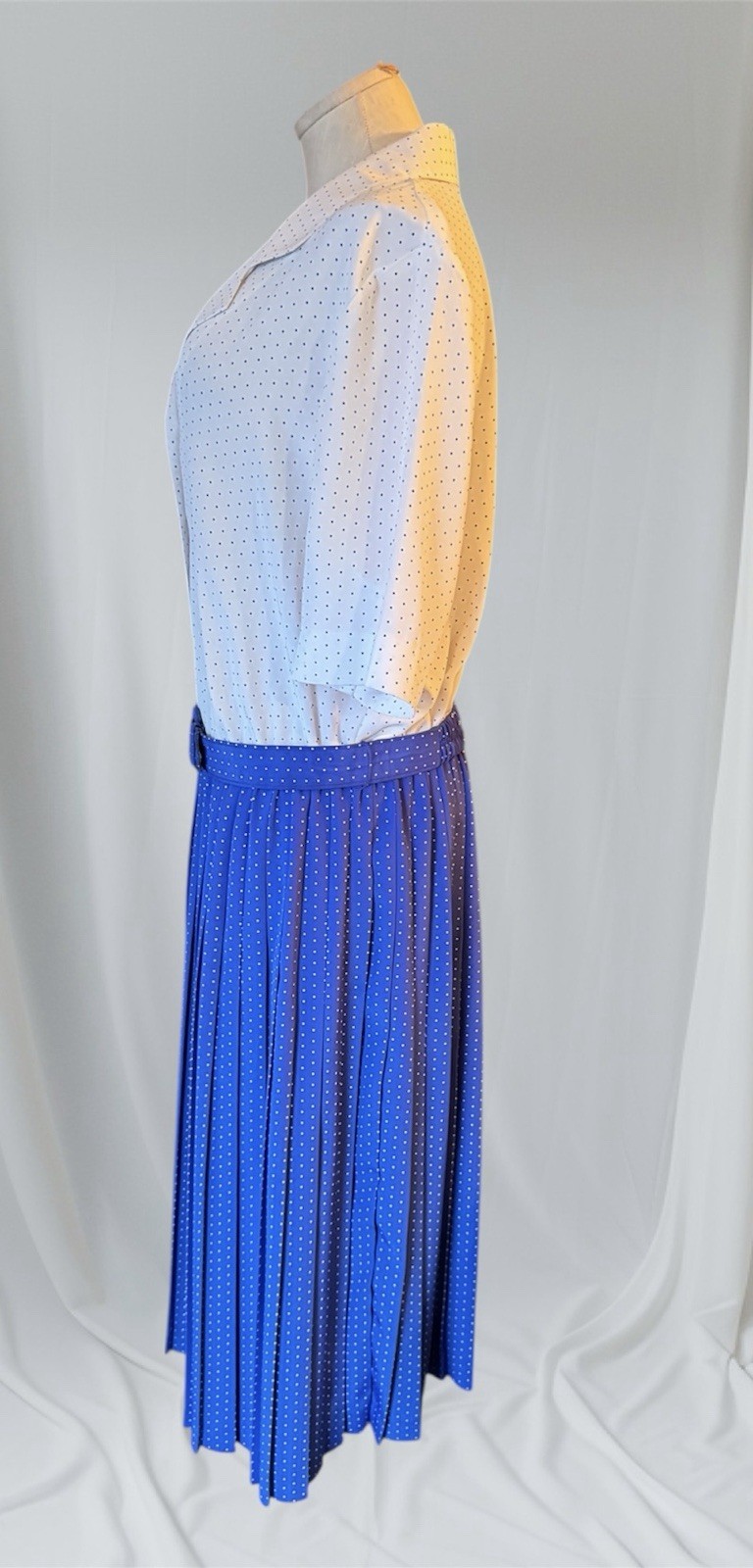 Vintage Leslie Fay Women’s Dress 16 WP Petite Blue White Dots Pleated 80s 90s