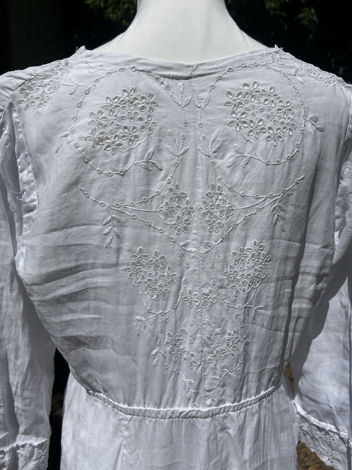 Edwardian White Cotton Voile Tea Dress Embroidered Long Sleeve Vintage Sz L