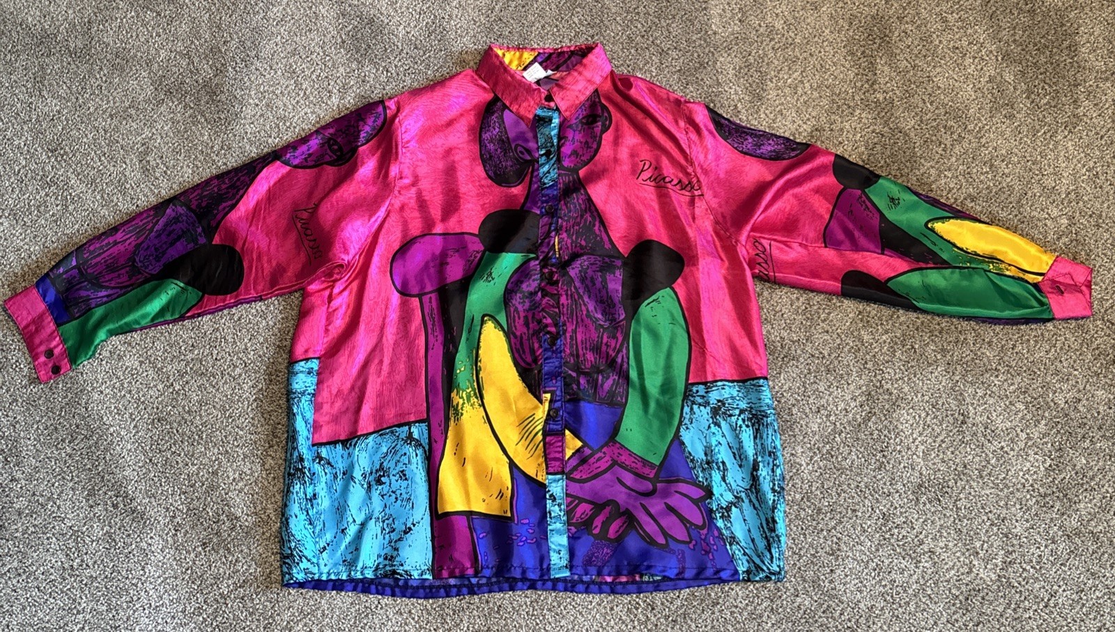 1980s Picasso Long Sleeve Shirt Bright Colors Abstract Art Shoulder Pads