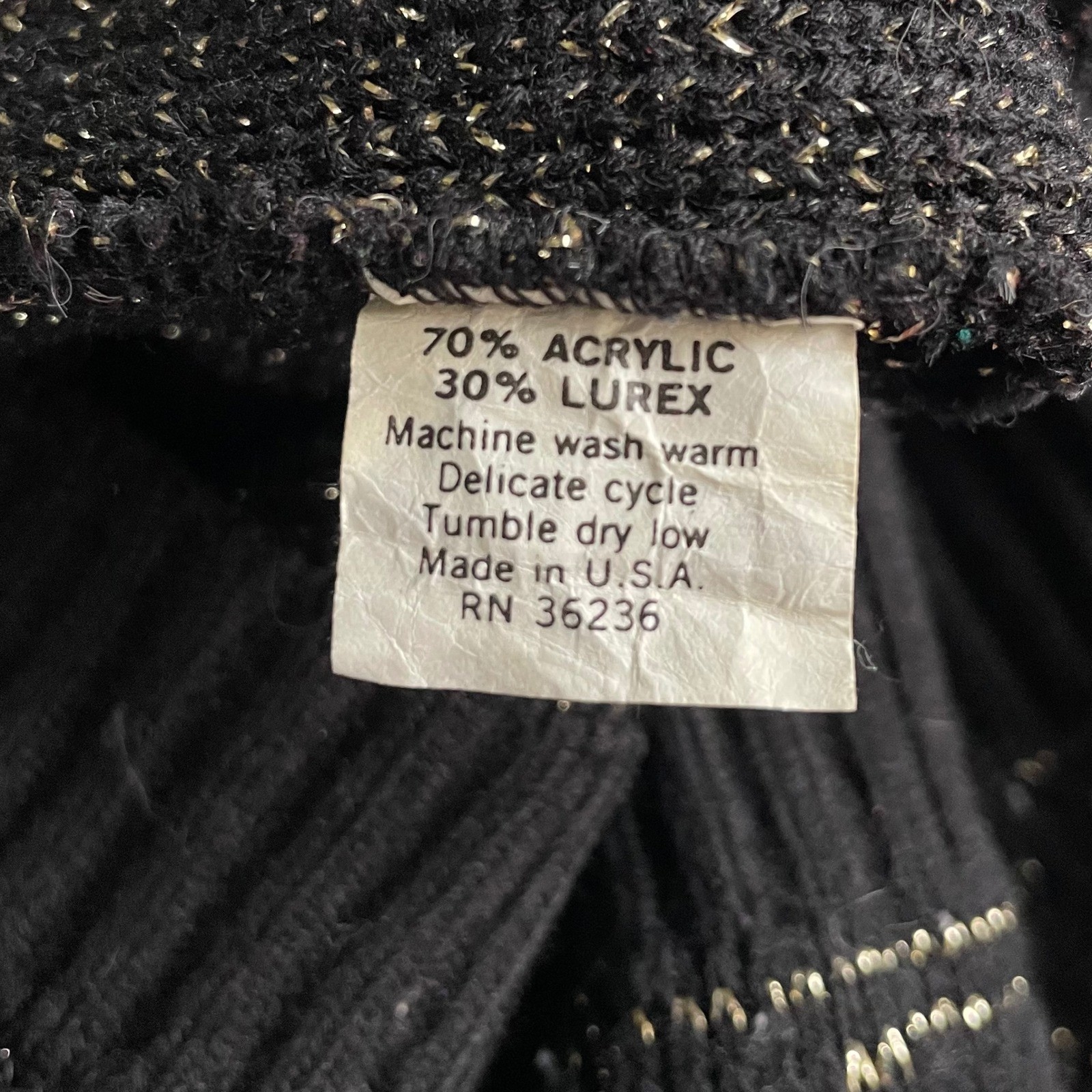 Vintage Black Gold Metallic Lurex Scroll Pattern Mock Neck Sweater Made in USA