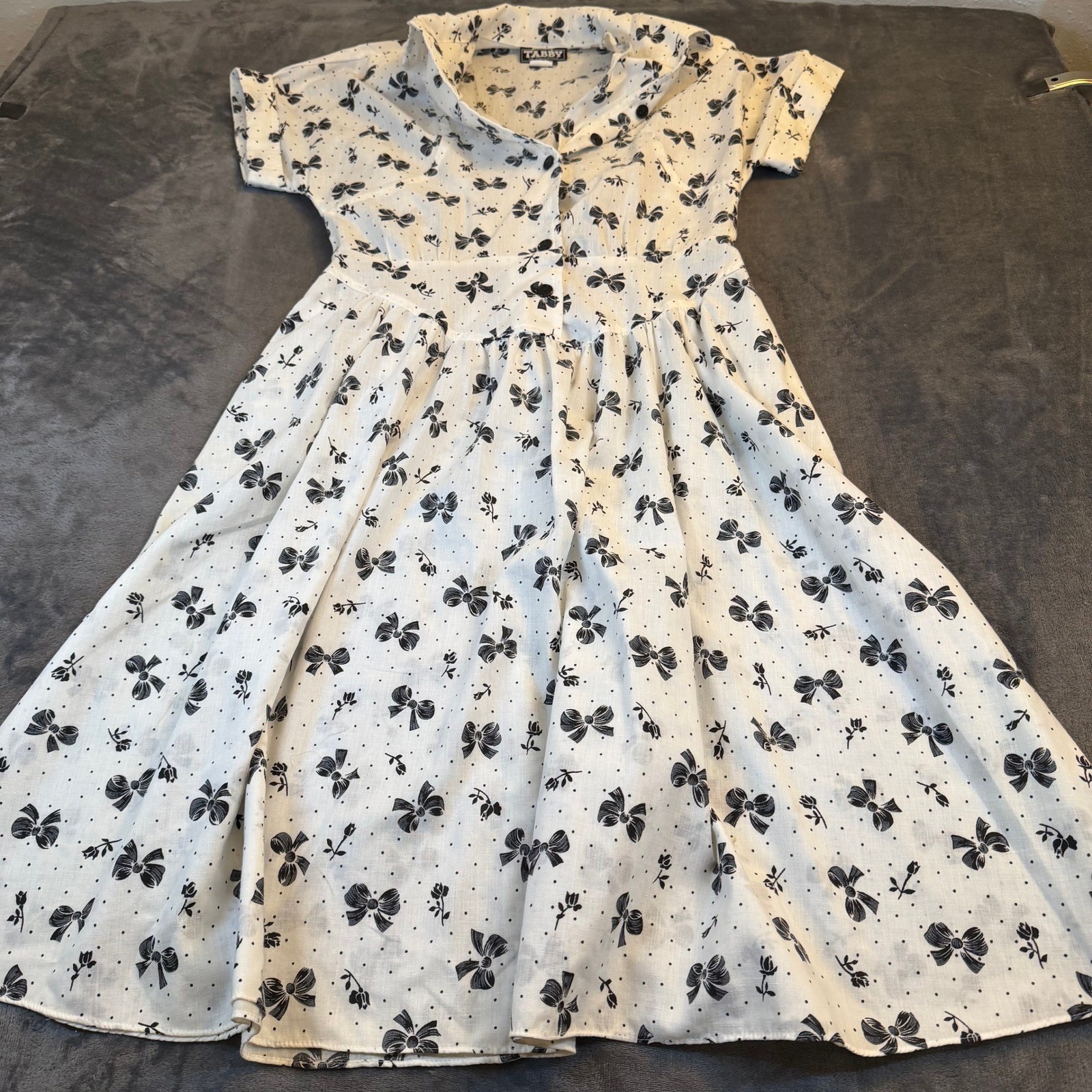 Tabby of California Vintage Shirt Dress Womens Size 10 White Bow Print Retro