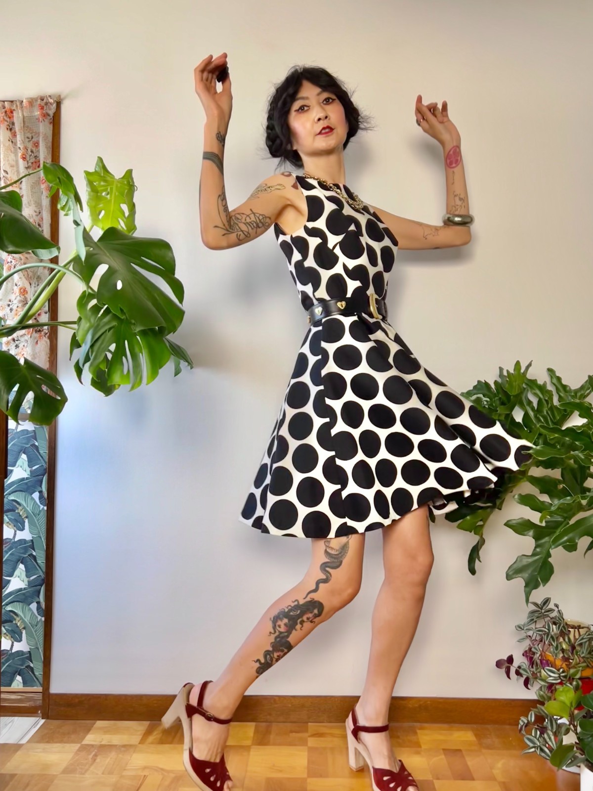 VTG 60s does 50s SABA CA Polka Dot Circle Skirt Dress Bullet Bust Mod S/M