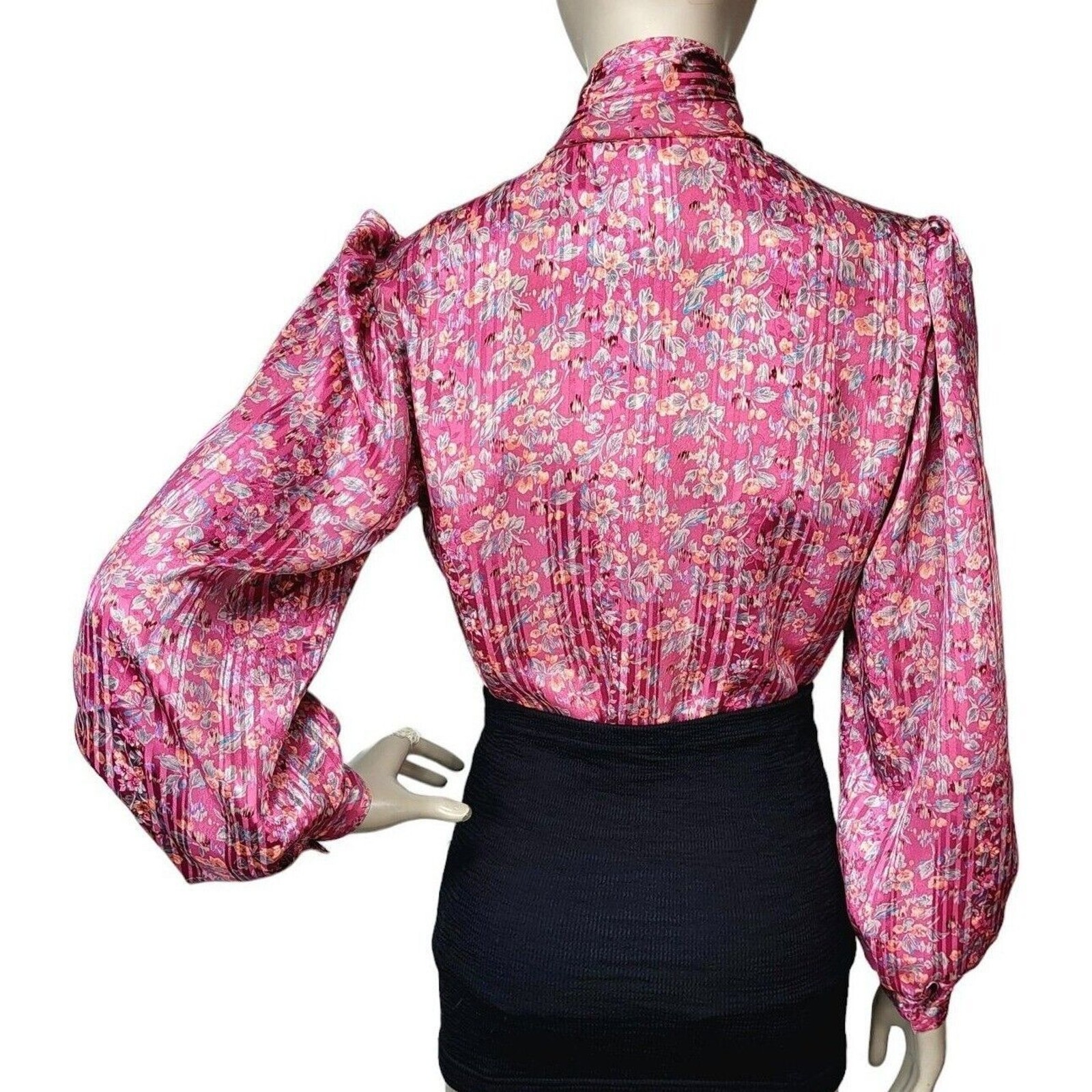 VTG 70s Pink Abstract Floral Neck Bow Puff Balloon Sleeve Satin Striped Blouse