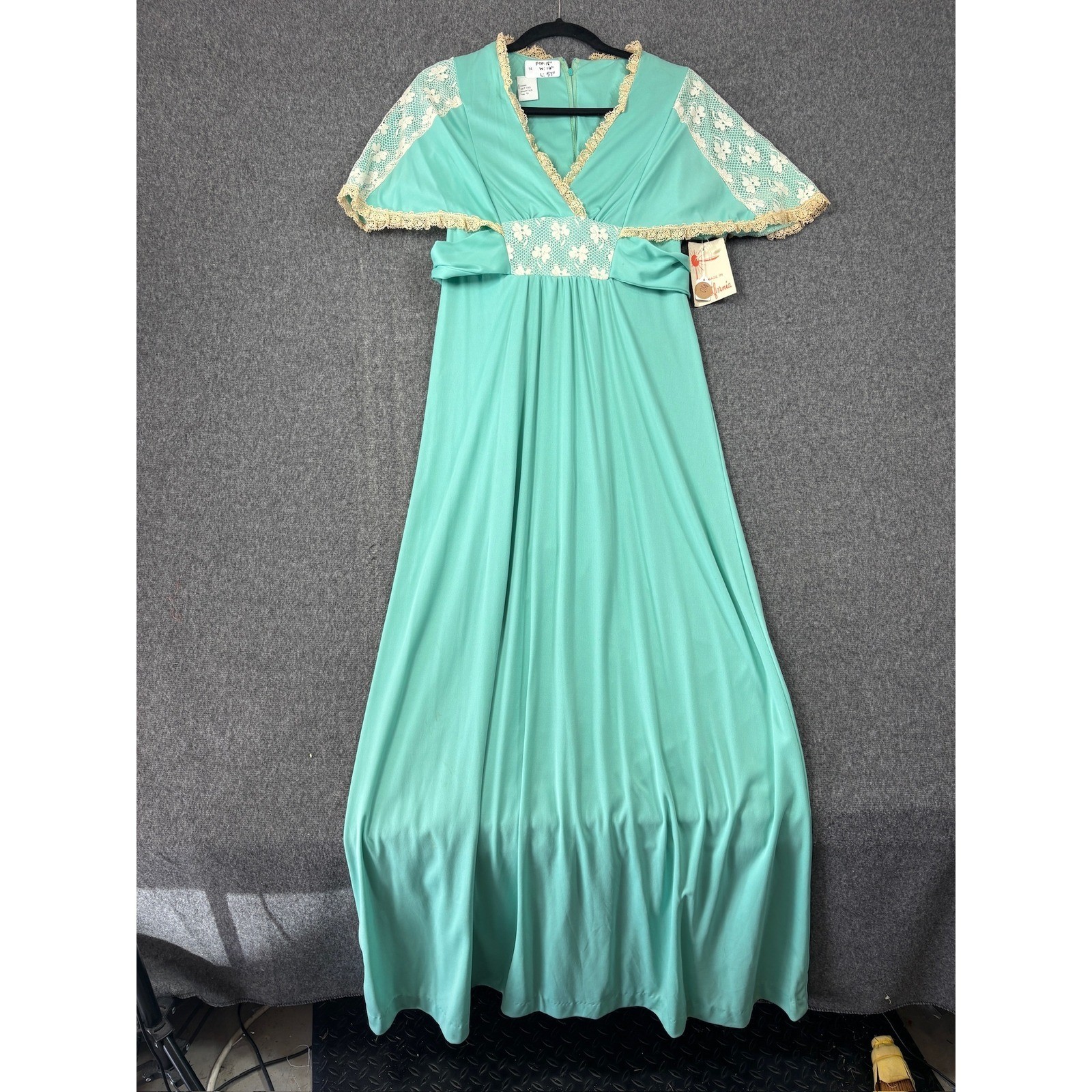 Vintage Made in California Turquoise Lace Trim Flutter Sleeve Maxi Dress NWT 10
