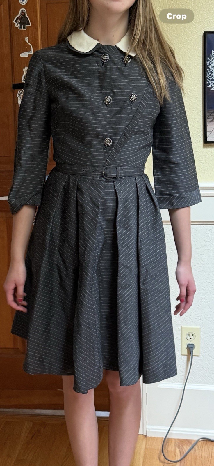 Vintage 1950s Women’s Dress Size 2 Carlye Black Grey Pinstripe
