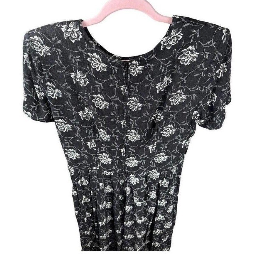 Vintage Brett Alixander Black White Floral Puff Sleeve Pleated Midi Dress Sz 10