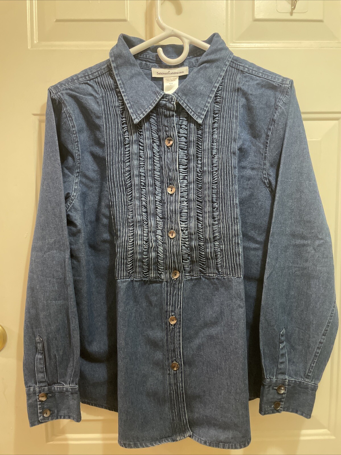 SERENGETI Catalog.com Vintage Pleated Denim Long sleeves Blouse Cowgirl Sz L