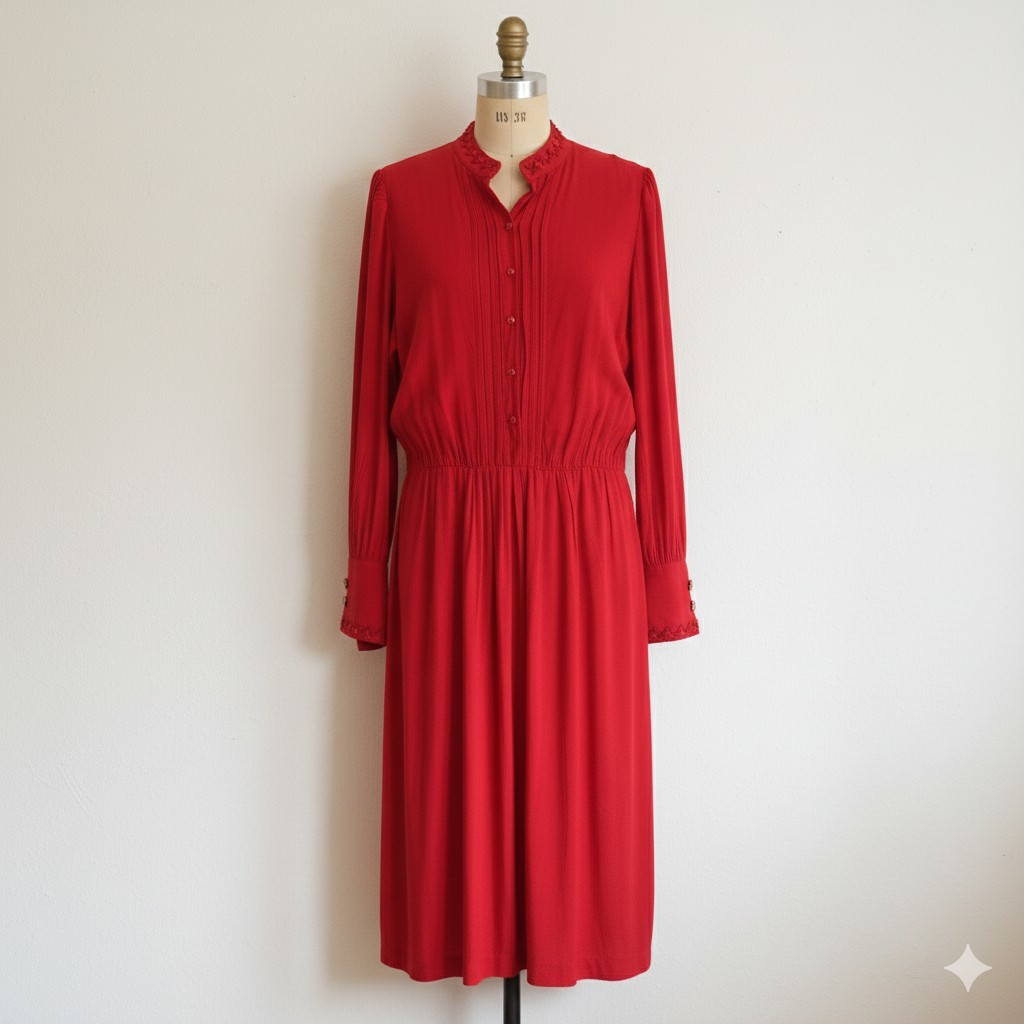 Vintage Dress 36 S 38 M Red Beaded Pintuck Midi Lepool Diffusion True Vintage