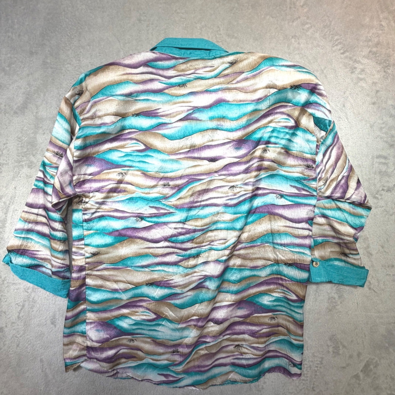 Vintage 90s Abstract Wave Print Button Down Blouse Size M Teal Purple Polyester