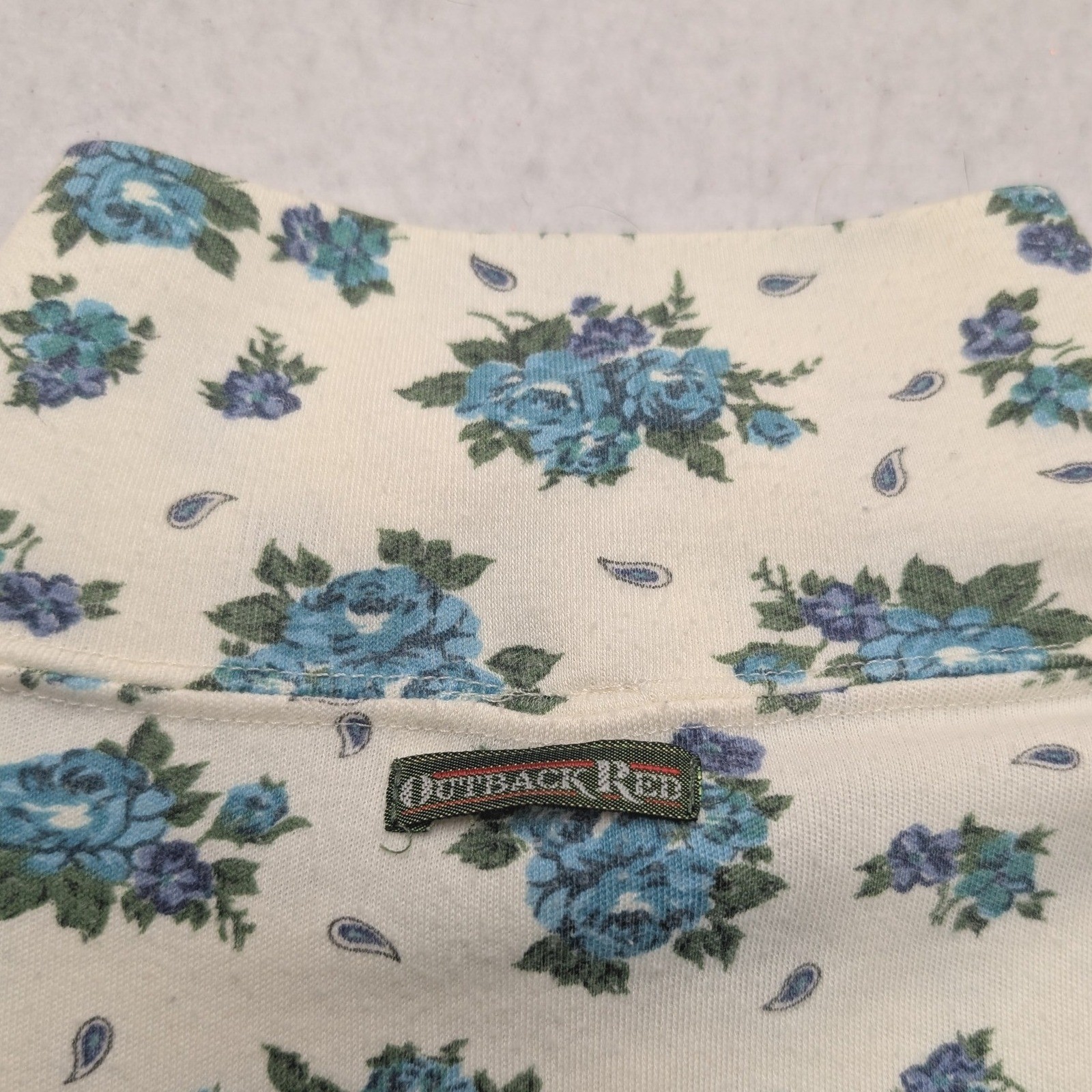 Vintage 90s Outback Red Floral Mock Neck Top Womens L Cream Blue Long Sleeve