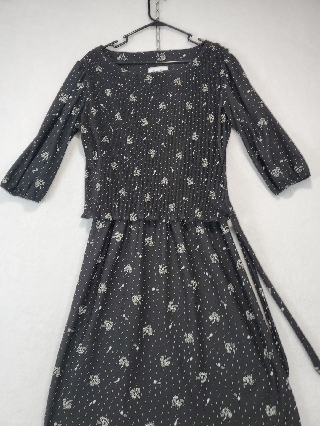 Vtg 70s Laurel Ridge Black Floral Midi Dress Smocked Overlay Top A Line Sz 15/16