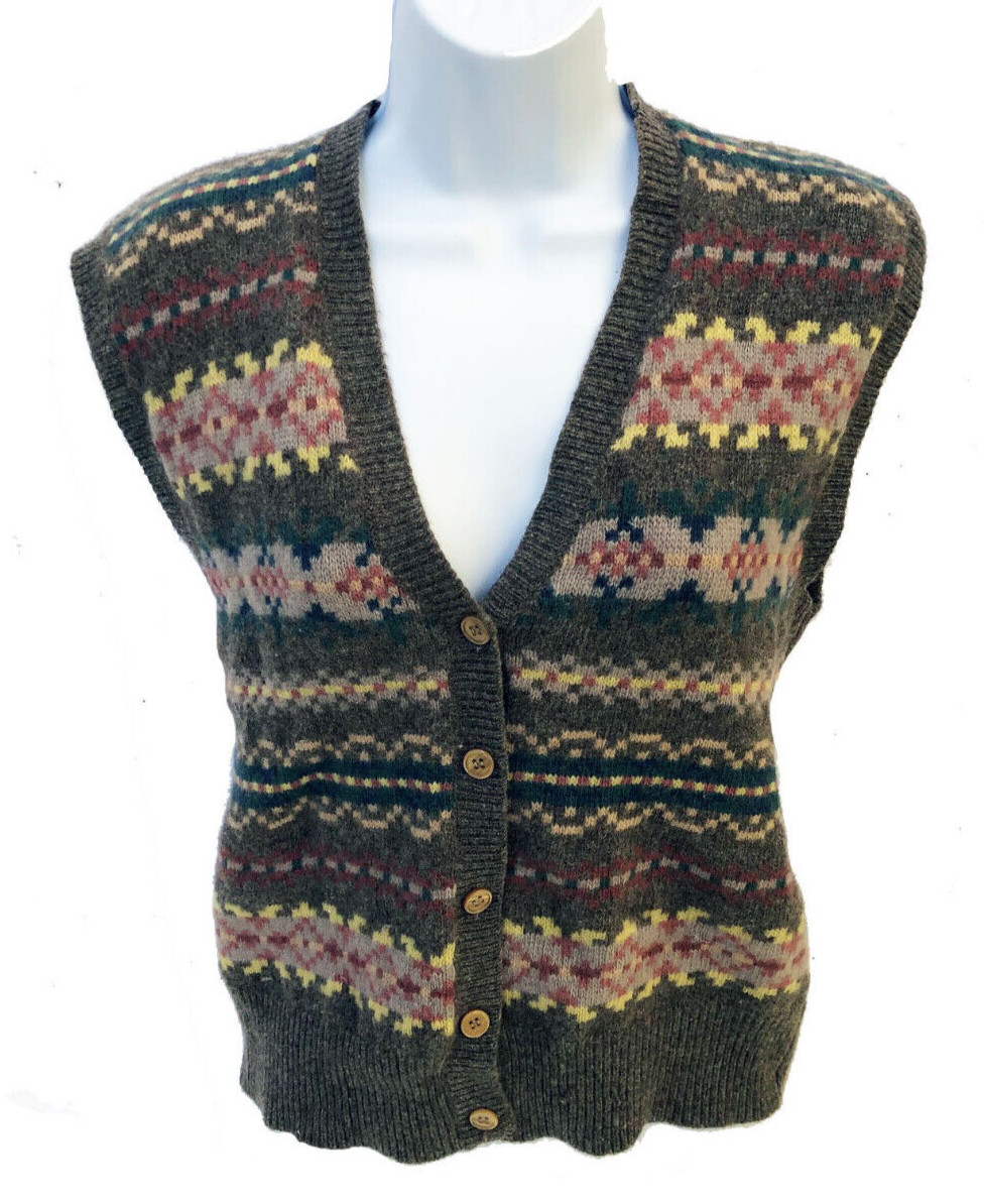 Vintage 80s 100% Soft Wool Fair Isle All over Pattern Button Sweater Vest sz M