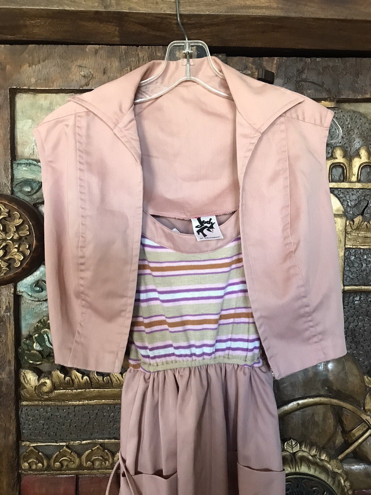 VTG 70s Jody T of Cali two piece mauve pink crop vest and striped belted dress