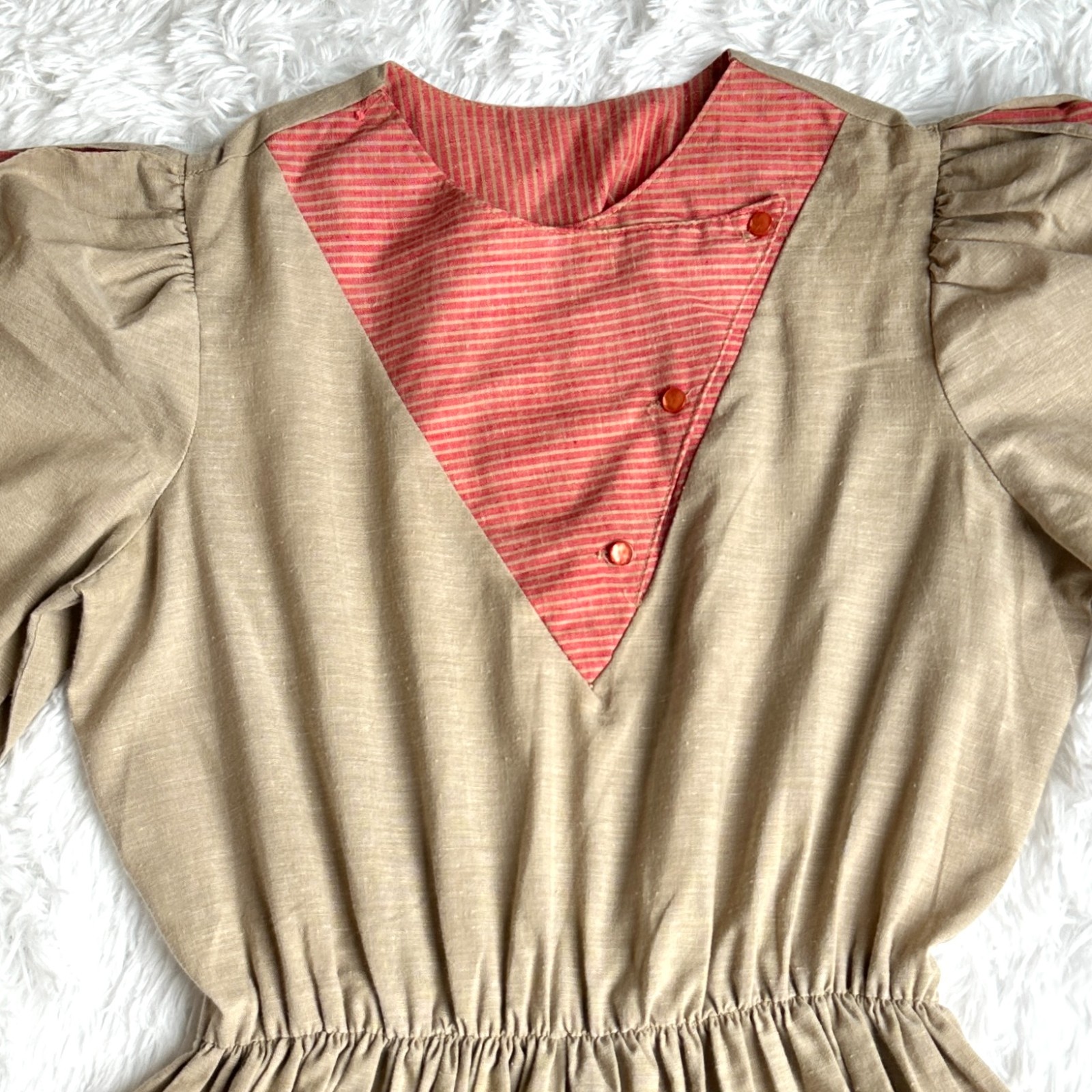 Vintage Impromptu Prairie Cottagecore Peasant Dress Brown Pink Puff Sleeve Women