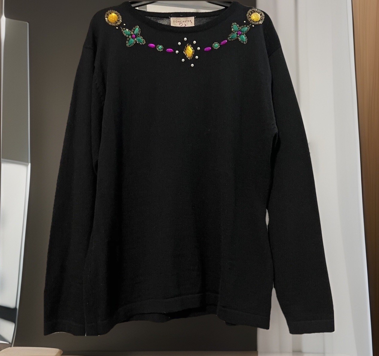 VTG Doncaster Sweater Women LG Black Bedazzled Neckline Wool Blend Castlecore