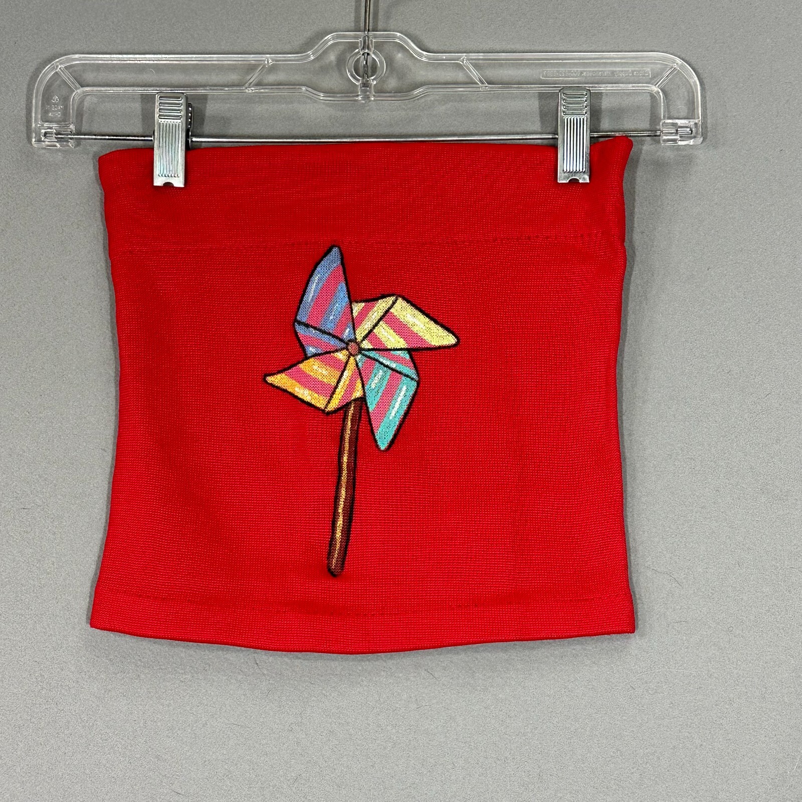 VTG 70s Tube Top Strapless Shirt Red Knit Pinwheel Rockabilly Small Festival NWO