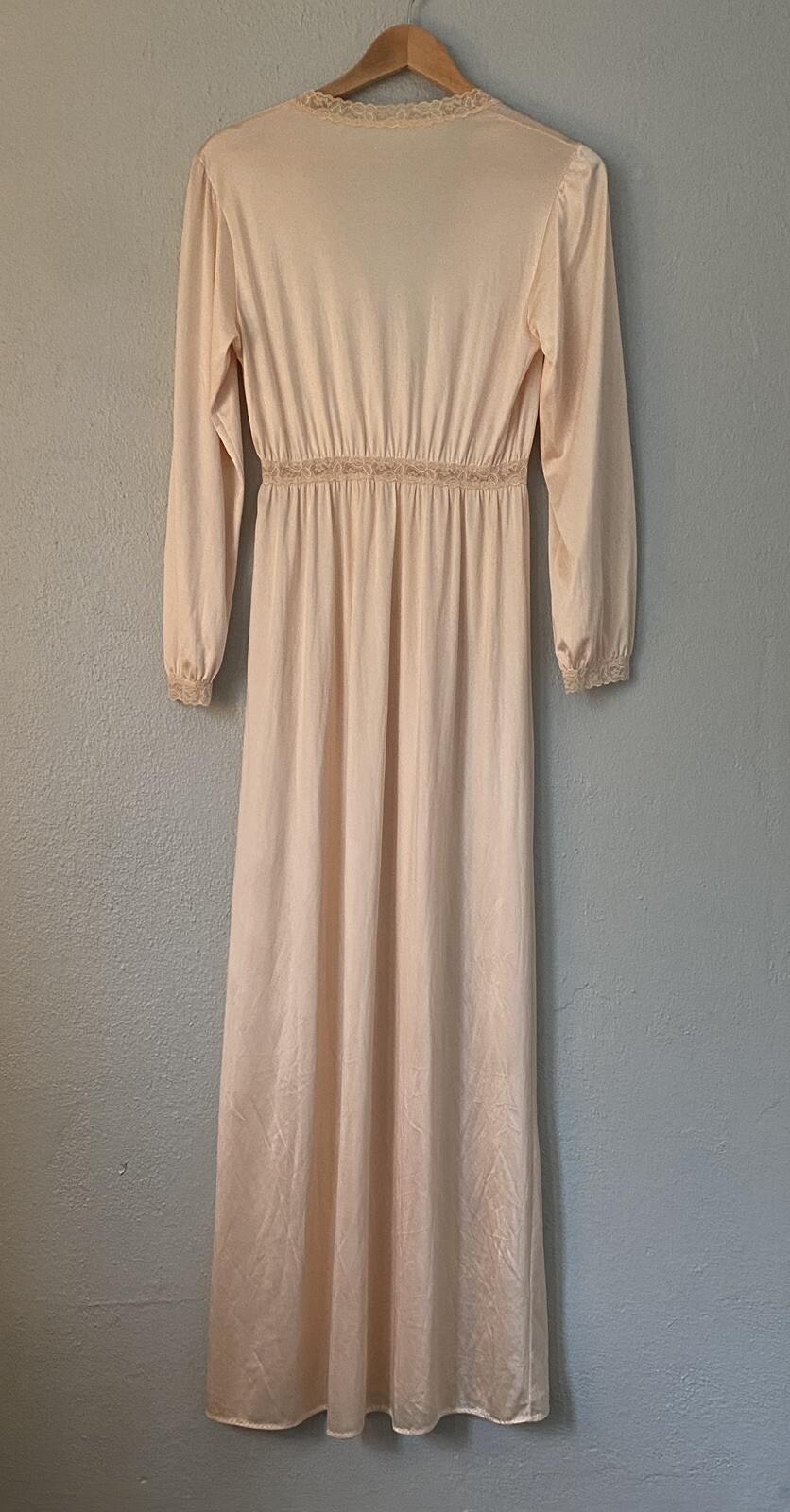 Vintage 60s 70s Sears Plunging Neckline Lacy Long Nightgown Peach 36 Small