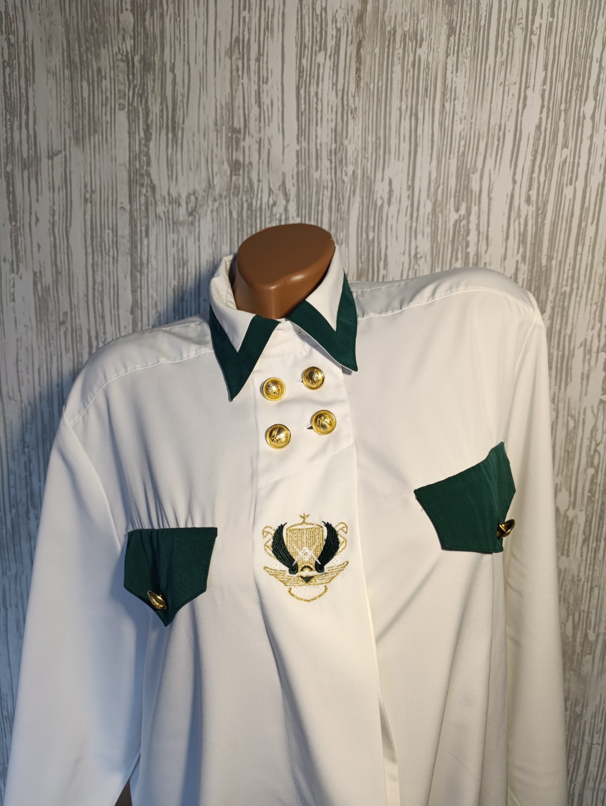 Vintage Yarell White Blouse Military Nautical Style | Green Trim | Gold Wing But