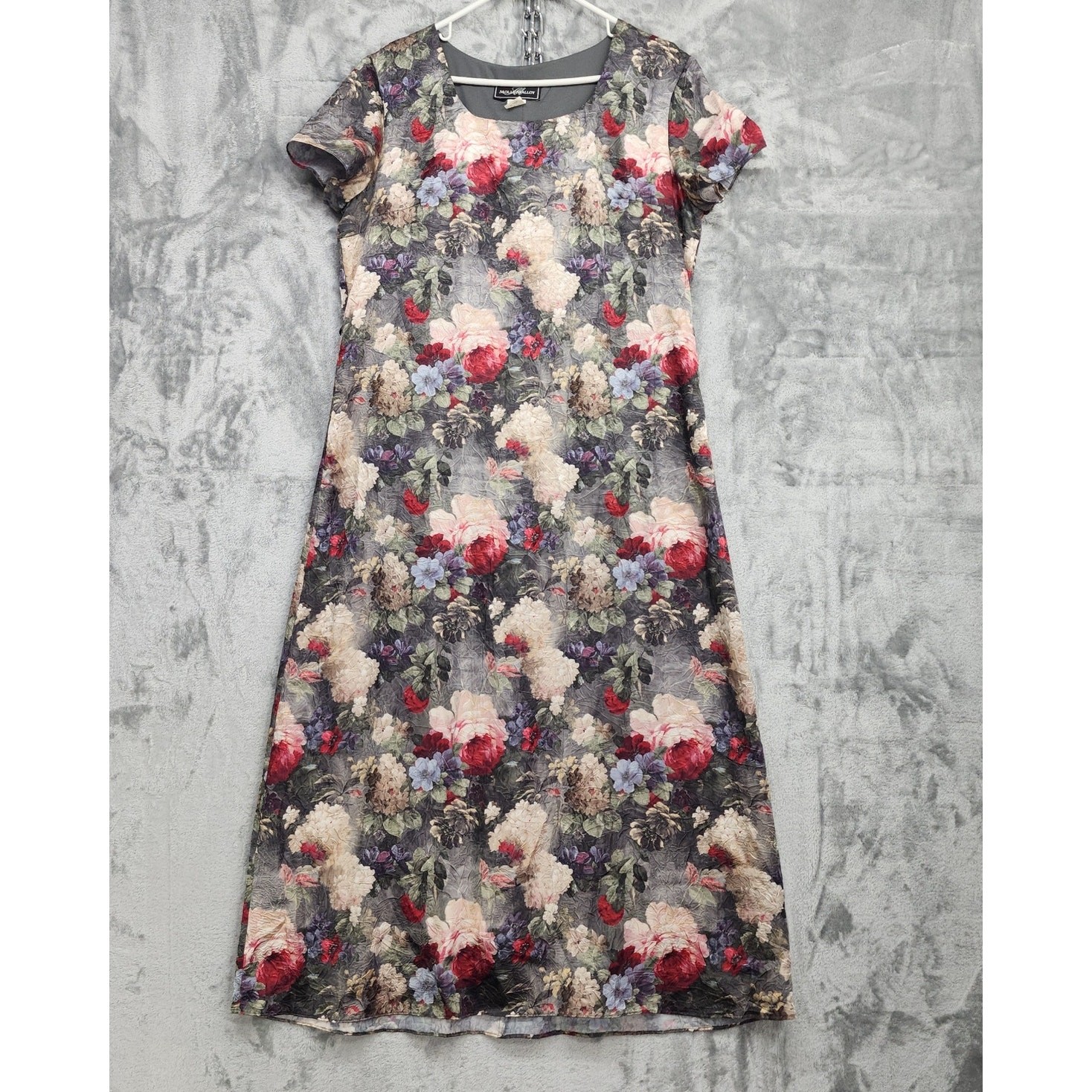 Vintage 90s Molly Malloy Dress Womens 14 Gray Pink Floral Short Sleeve Tie Maxi