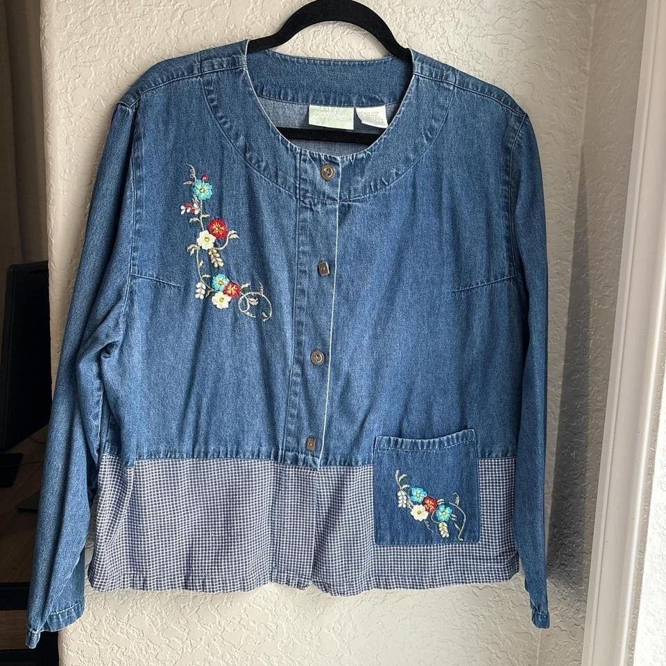 Vintage 220 Hickory Embroidered Denim Floral Button Down Pocket Top Jacket XL