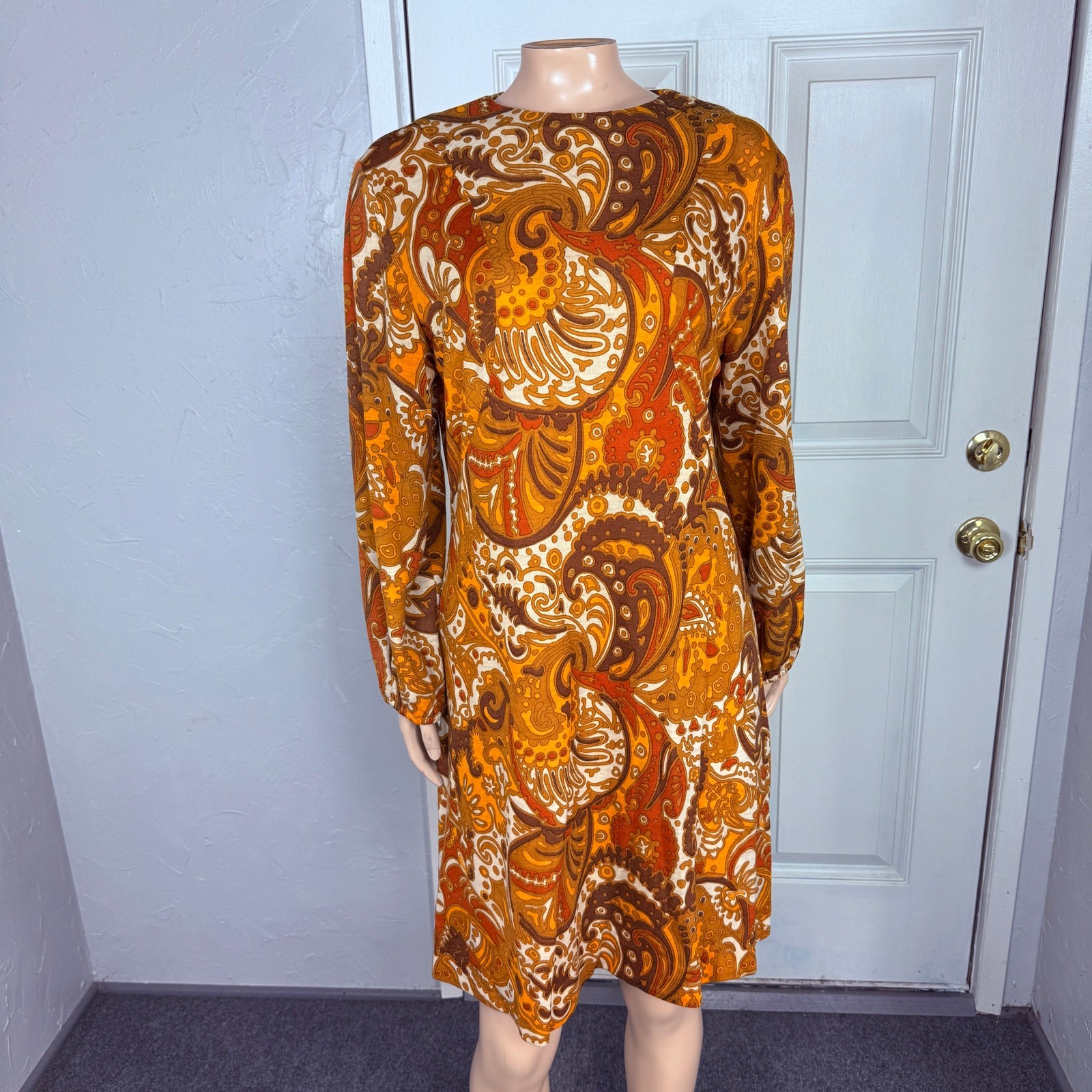 Vintage 70s Unbranded Women’s Dress Wool Paisley Mod Retro Long sleeve L3-20
