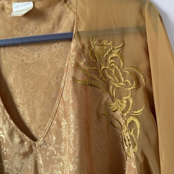 Vintage 80s Yellow Gold Nightgown Mini Dress Paisley Filigree Sheer Long Sleeve
