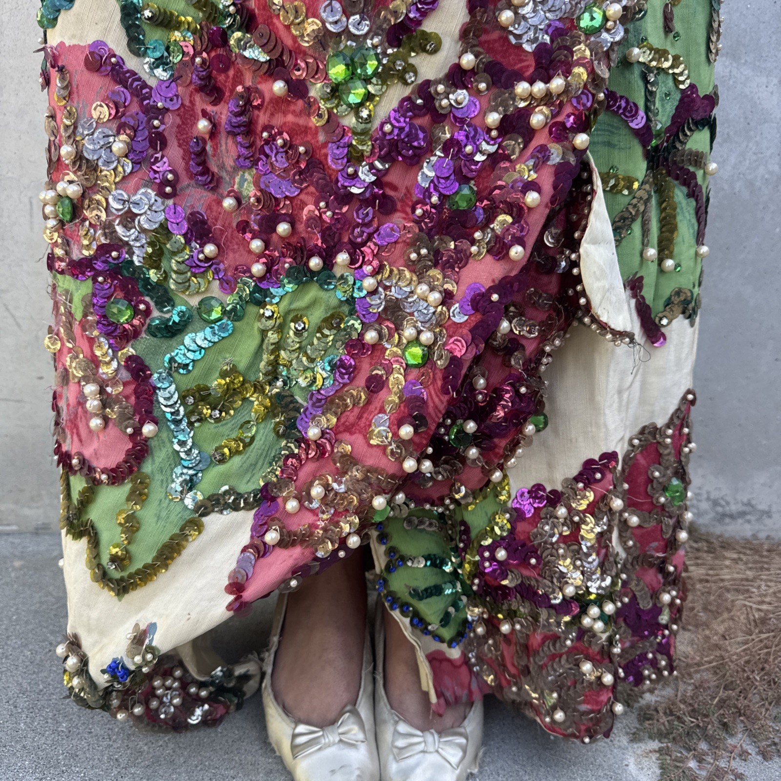 Vintage 1930s Painted Skirt Rhinestones Beading Pearls Flower Showgirl Burlesque
