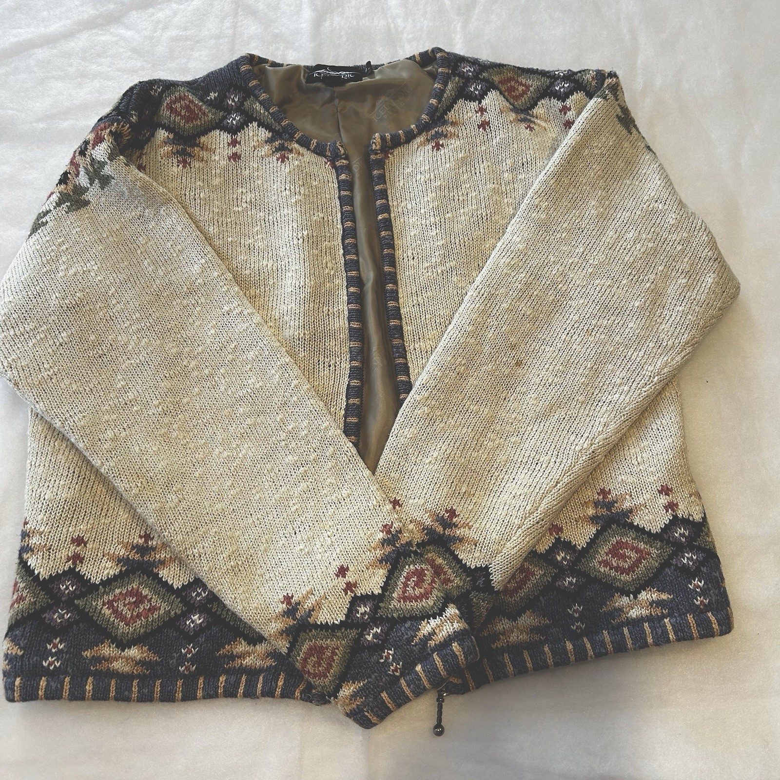 VTG Nordic SCandi Cardigan Linen Cotton Zip Offwhite Sweater Stain On Sleeve