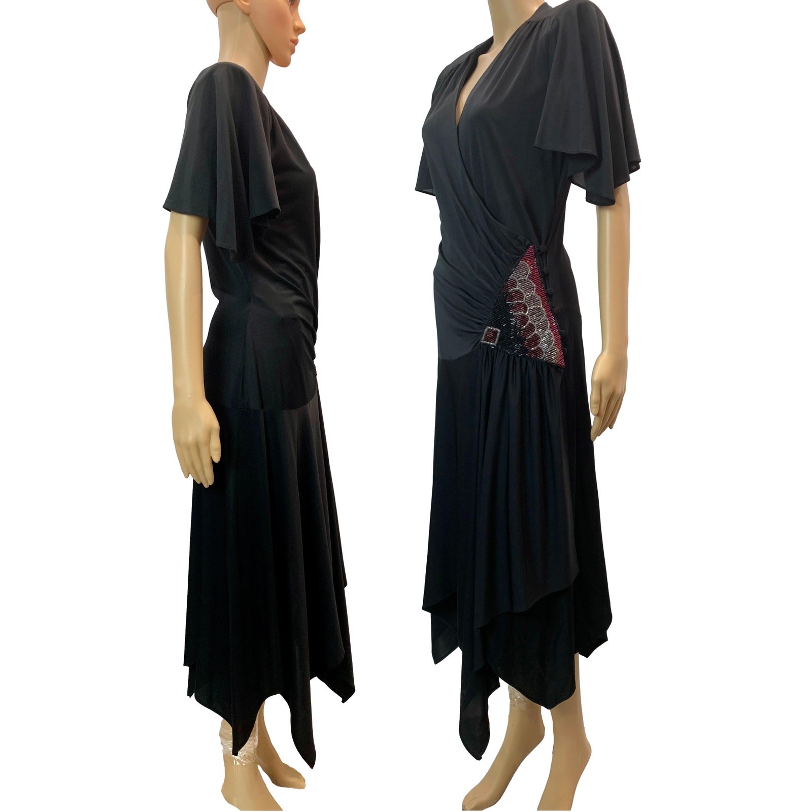 Vintage Vijack Black Beaded Wrap Dress | Nancy Bracoloni 70s 80s Scarf Hem | S