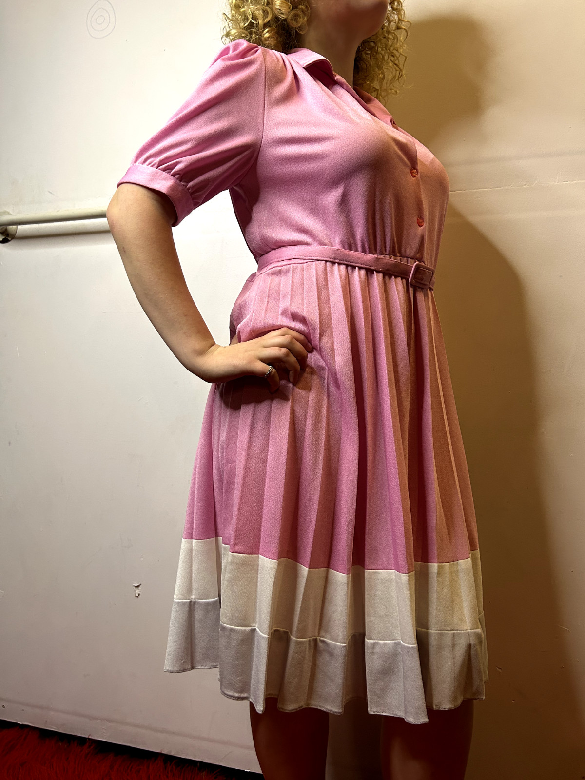 Vintage Australian ARC SYDNEY 1980s Pink Shirt Dress Pleated Coconut Ice AU 14