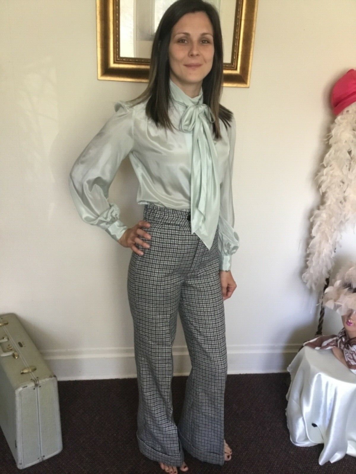 60’s Vintage Ivory Hi Rise Black Gray Hound’s-tooth Bell Bottom Pants