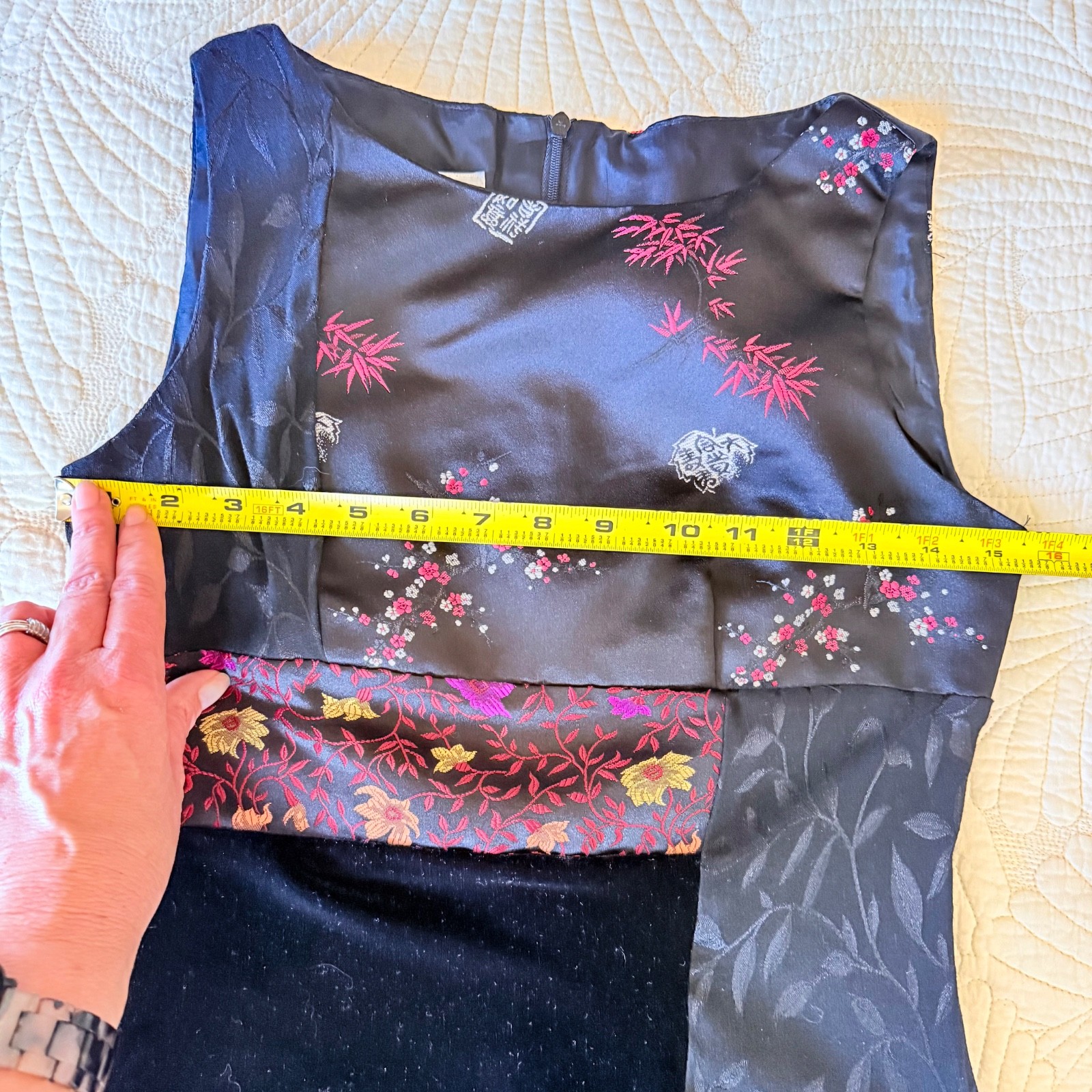 VTG 90s Asian Whimsigoth Patchwork Floral Brocade & Velvet Sheath Dress Size 2P