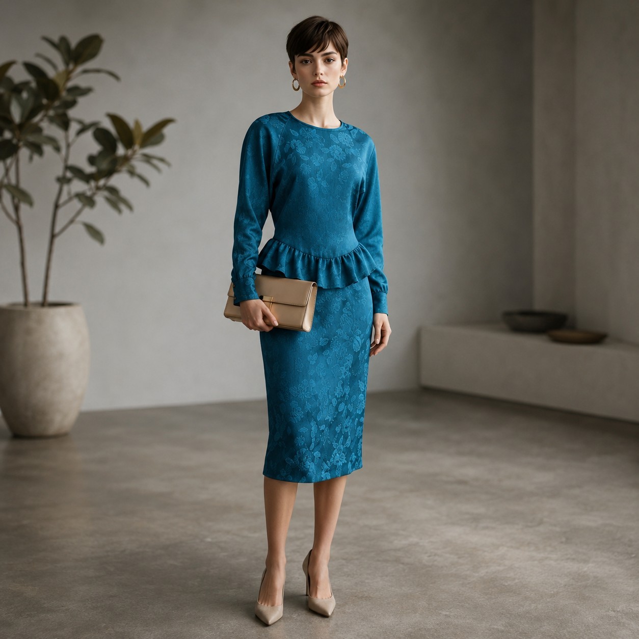 Vintage 80s Blue Teal Peplum Midi Dress Size 12 Floral Jacquard Drop Waist
