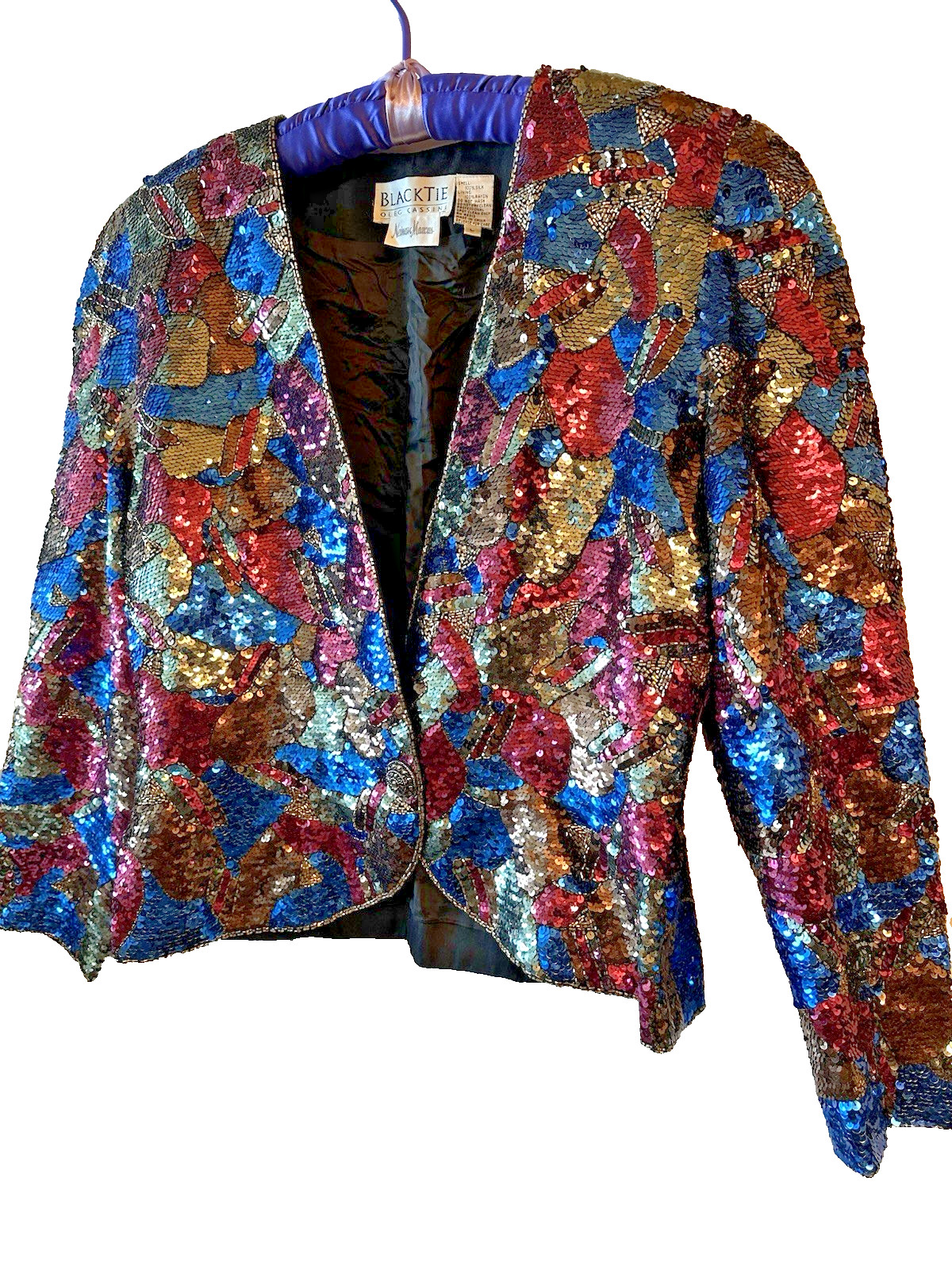 NWT Vintage Oleg Cassini Black Tie Silk Beaded Evening Jacket Multi Size Large