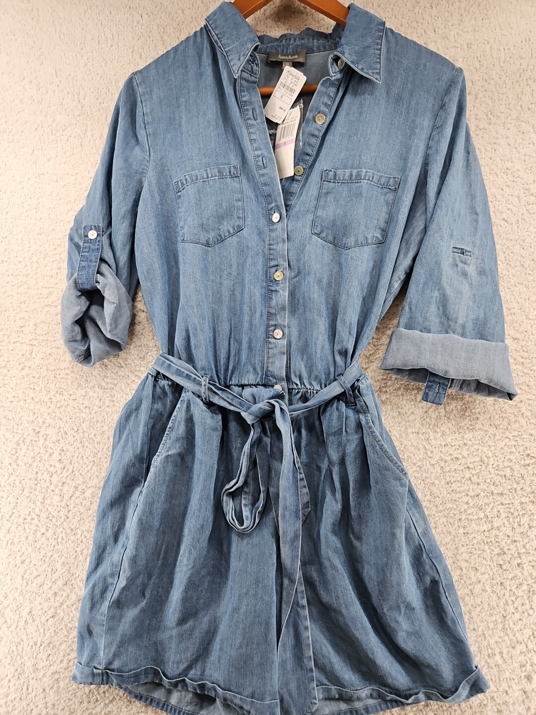 Neiman Marcus Blue Denim Short Romper-Sz 6 Roll Tab Sleeves