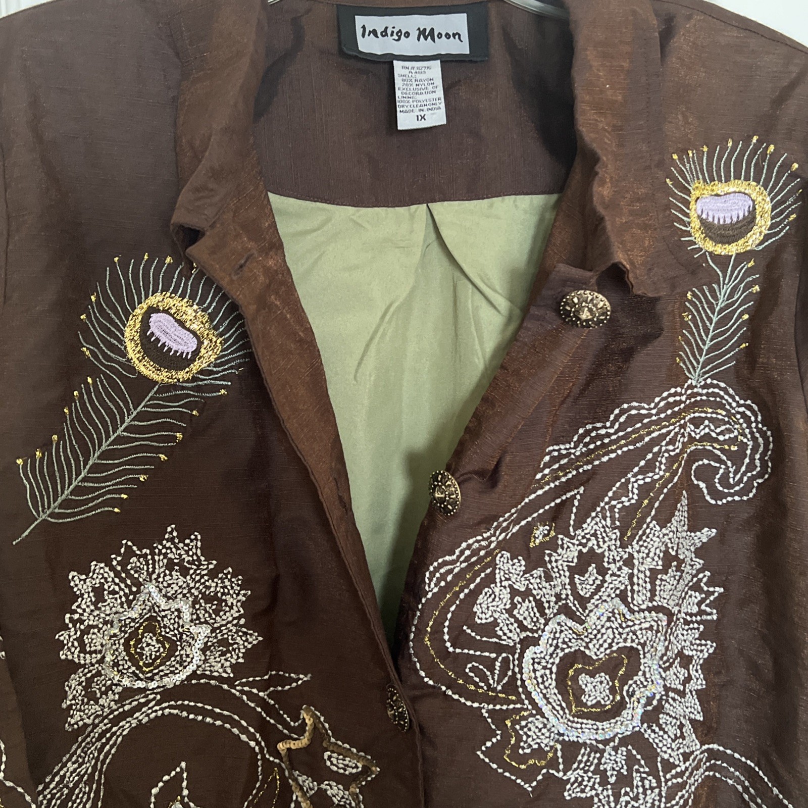 Indigo Moon Womens Blazer Size 1X Brown Button Front Beaded Embroidery Vintage