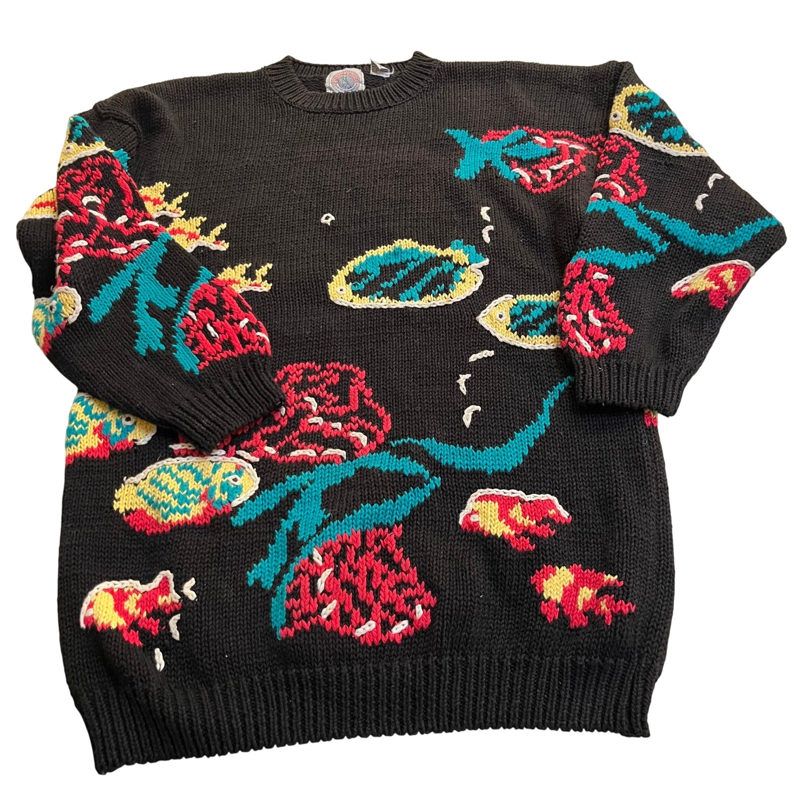 Cape Isle Knitters Vintage Tropical Fish Coral Reef Black Ramie Cotton Sweater L