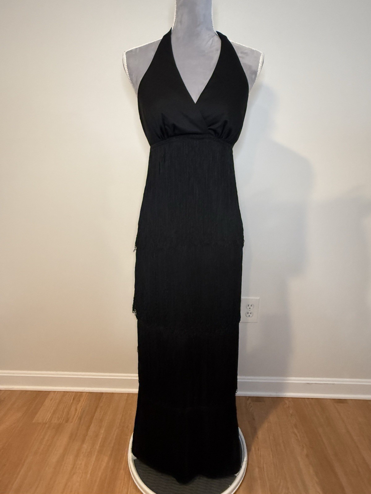 Vintage 70s Women’s Jack Hartley Black Flapper Halter Fringe Maxi Dress Size SM