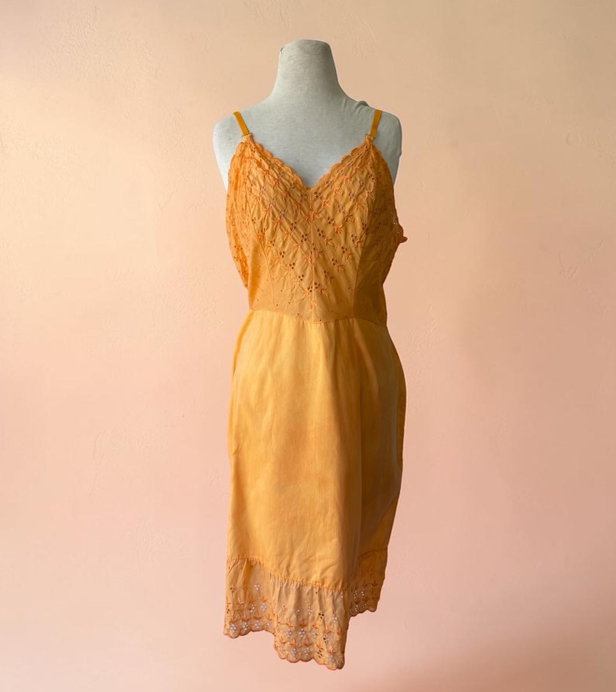 Vtg Orange Eyelet Lace Full Slip Sz 40 Dacron Sunrise Hand Dyed L Boho Cottage