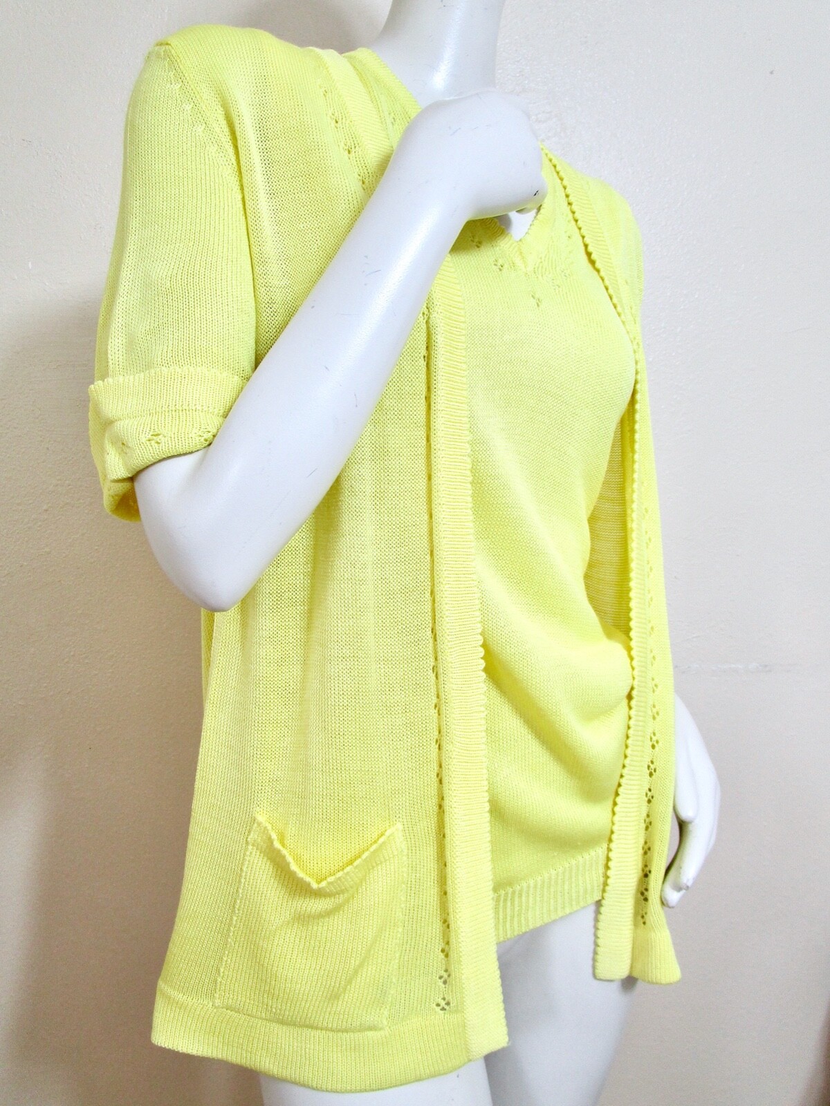 Vintage 70s Yellow Sweater Sleeveless Shell SS Swing Cardigan Set Pointelle S XS