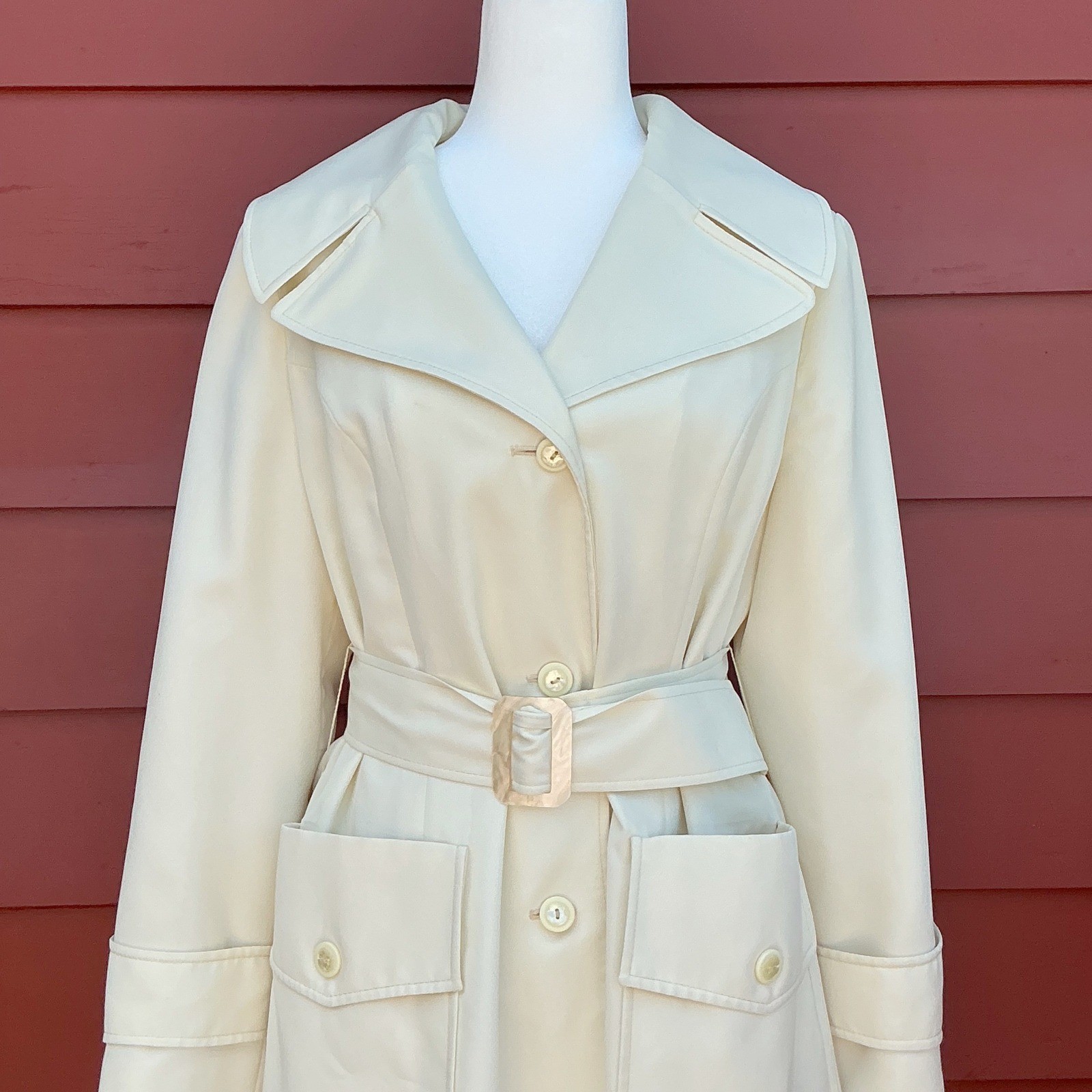 Vintage 70s Betty Rose Ivory Belted Rain Coat Womens M Jackie O Mod Trench USA