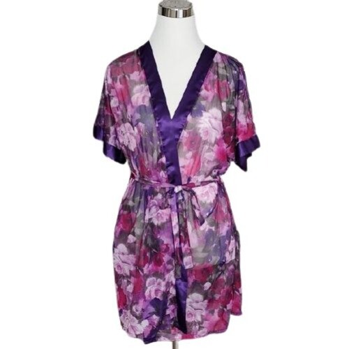 Vintage Sheer Floral Purple Multi-Color Double Tie Waist Robe Size Medium