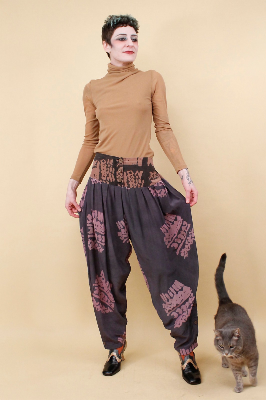 80s Vtg Silk Laise Adzer Designer Silk Moroccan Lagenlook Art Pants S-M W28-30″