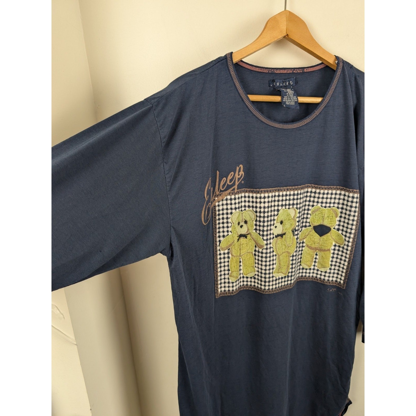Esleep Vintage Teddy Bear Night Gown One Size Navy Blue Long Sleeves Nightgown