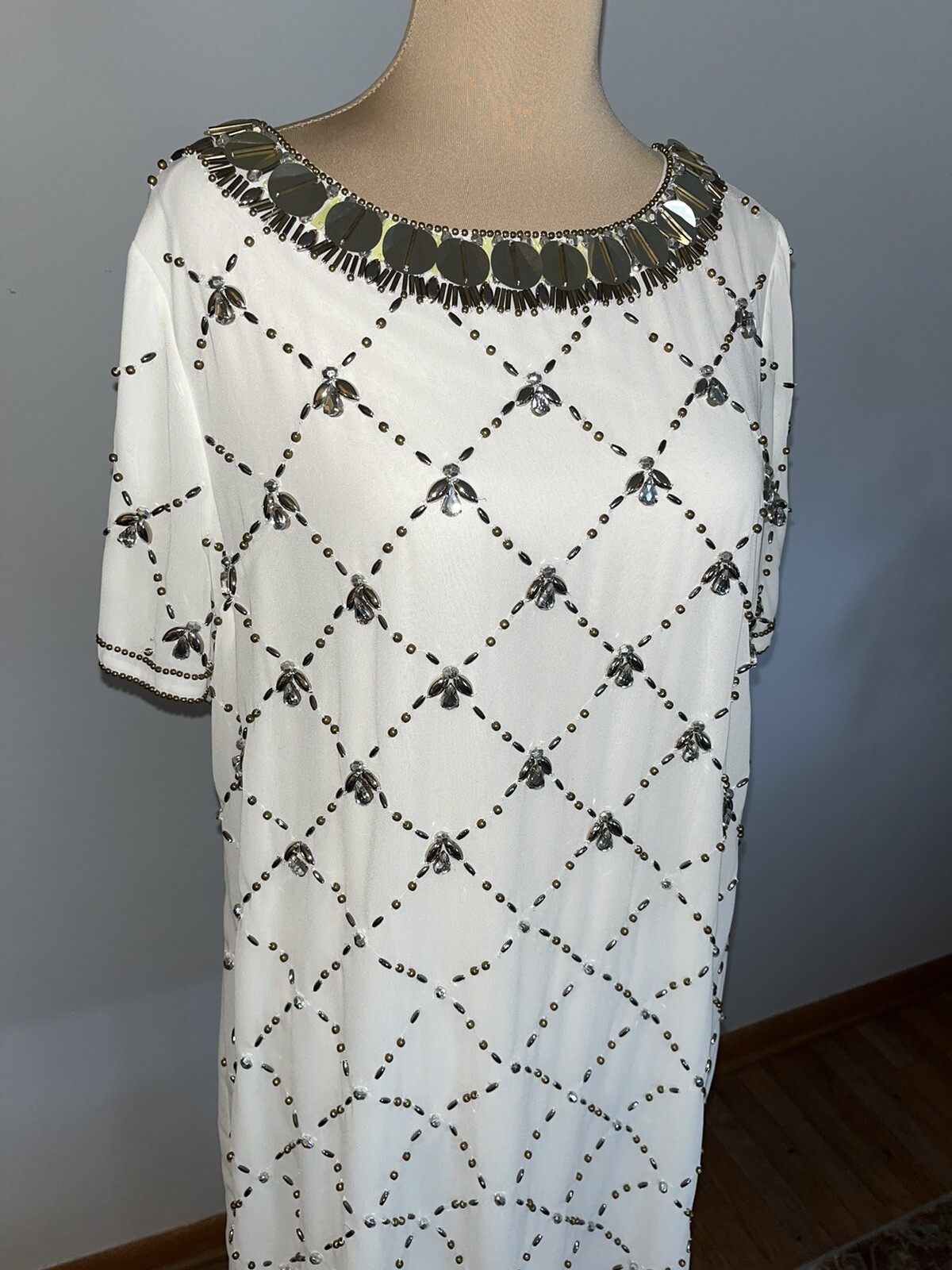 VTG 60s Mod White Dress with Art Deco Metal Beaded Design (no label Size M)
