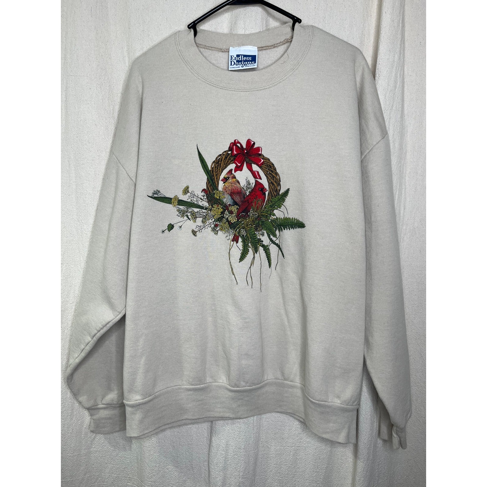 1980s Endless Designs Cardinal Birds Christmas Coquette Granny Sweatshirt 1X