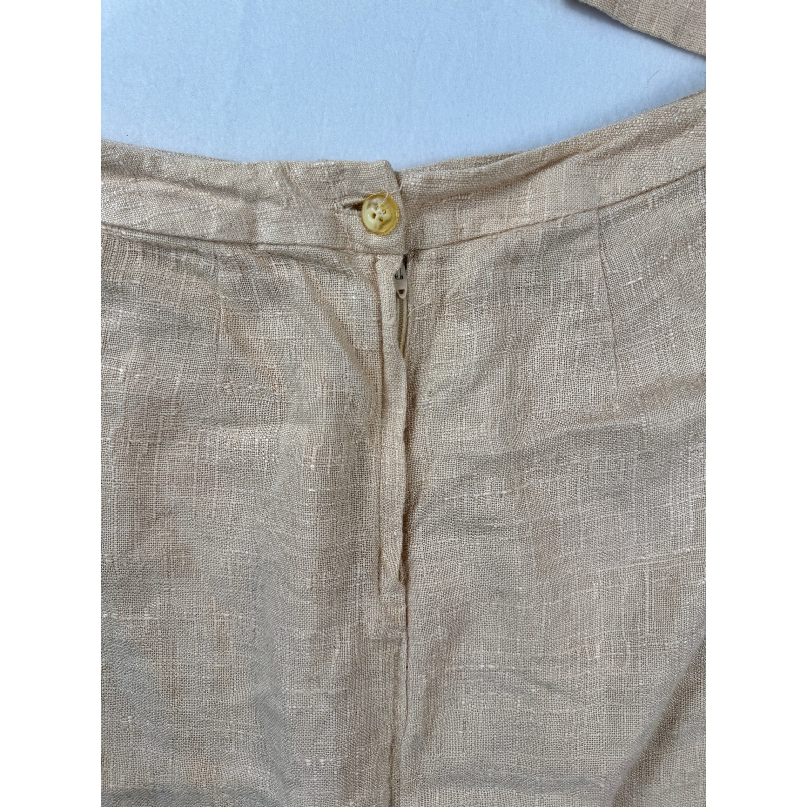 Vintage 70’s Linen Blend Neutral Two Piece Skirt Set Tan Short Sleeve Top Midi