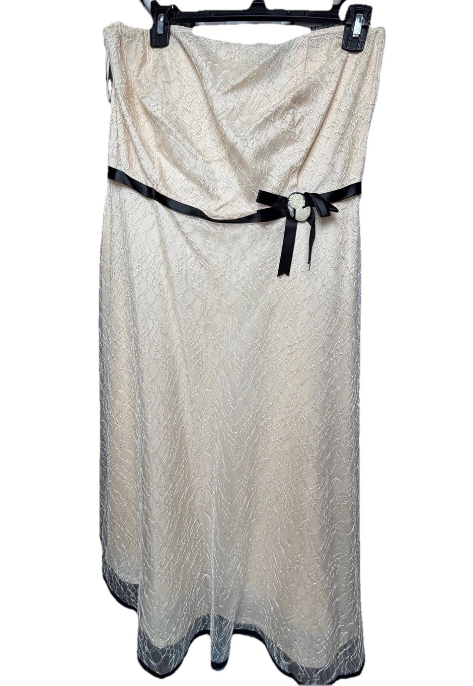 Vintage 2003 Charlotte Russe Cream Strapless Midi Dress Black Bow Junior 13 Y2K