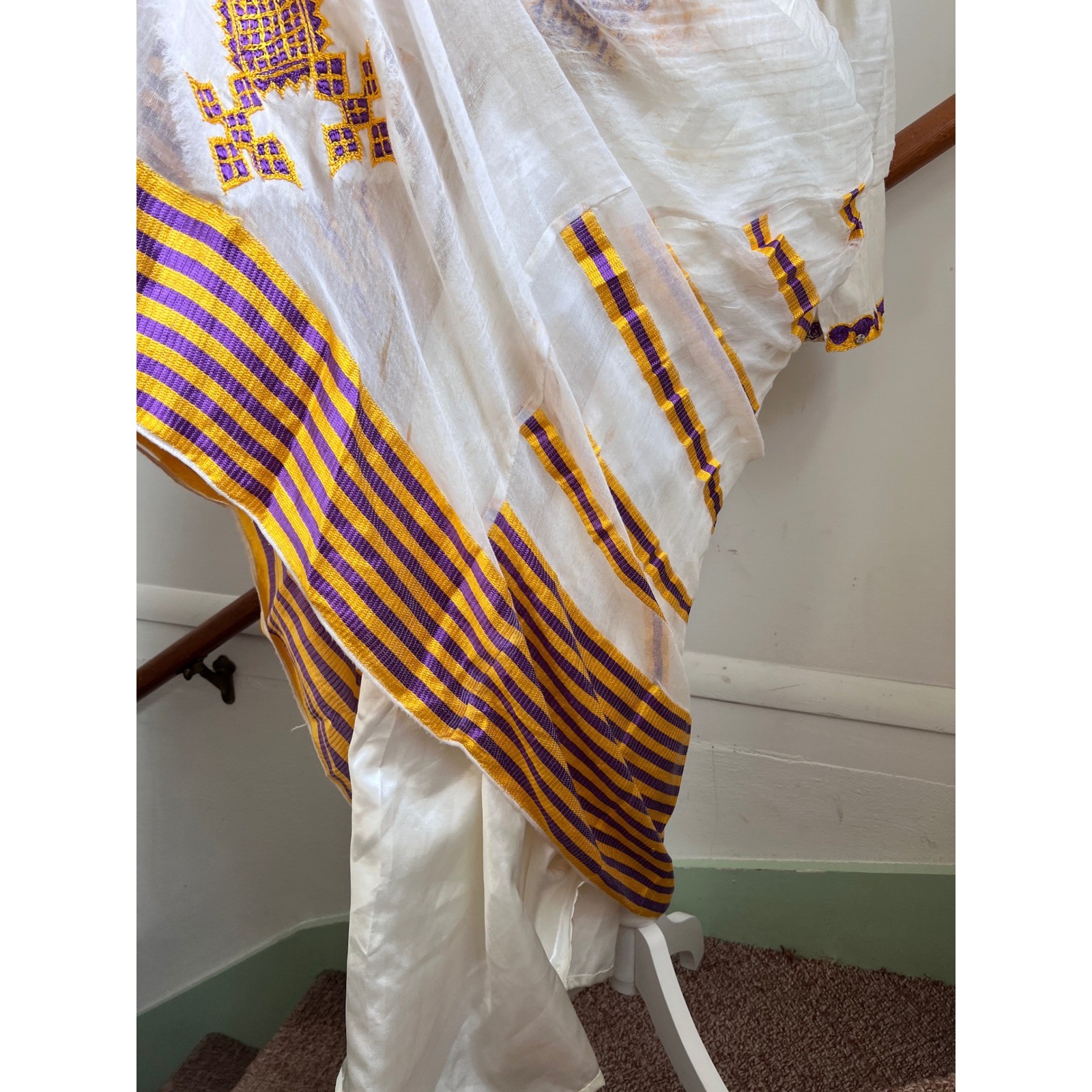 Vintage Embroidered 70s Maxi Dress White Gauze Cotton Purple Gold Tilla Boho